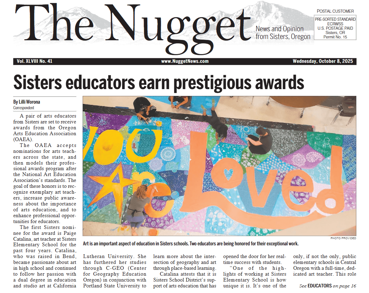 Front page clipping of The Nugget with the headline “Sisters educators earn prestigious awards.”
